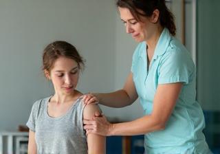 Therapist supporting client rehabilitation